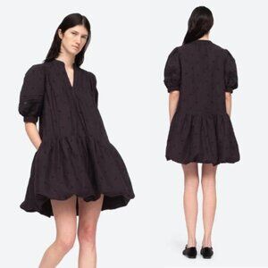 NEW Sea New York Loren Split Neck Pleated Embroidered Dress Black Size: Medium